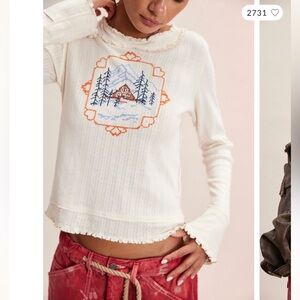 We The Free People Through The Woods Tee  Embroidered Cute Cross Stitch Top